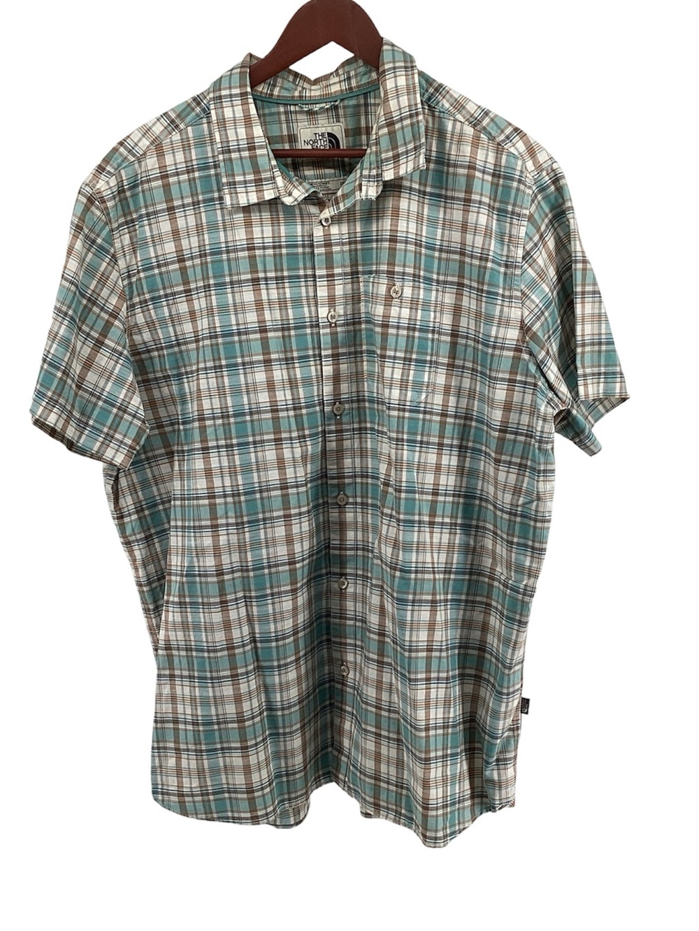 🍄 The North Face Short-Sleeve Plaid Button-Down in Teal and Brown, Size XXL